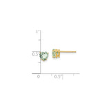 14k Yellow Gold Heart Stud Earrings with Light Green Quartz, Dainty Romantic Jewelry