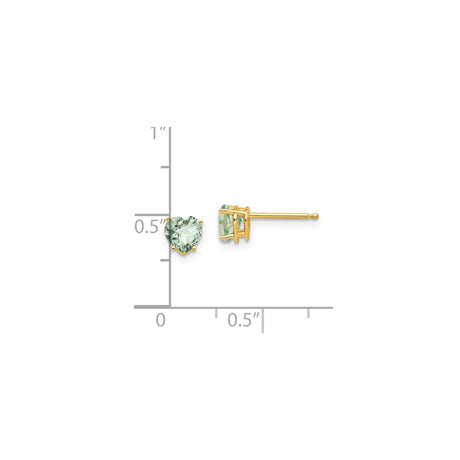 14k Yellow Gold Heart Stud Earrings with Light Green Quartz, Dainty Romantic Jewelry