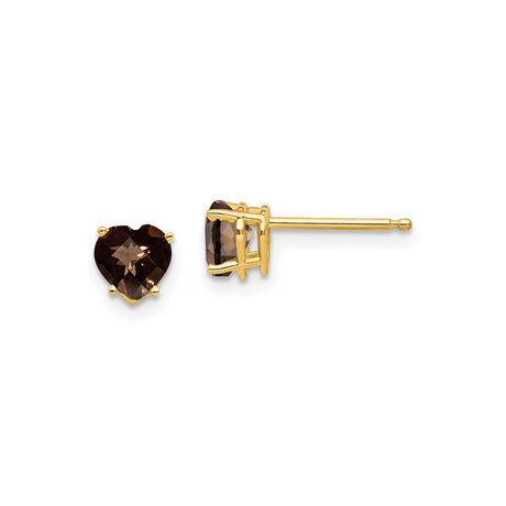14k Yellow Gold Heart Shaped Stud Earrings with Checker Cut Smoky Quartz