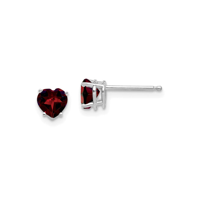 14k White Gold Heart Stud Earrings with Garnet Gemstones for Women