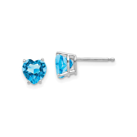 14k White Gold Heart Stud Earrings with Swiss Blue Topaz, Romantic Classic Style