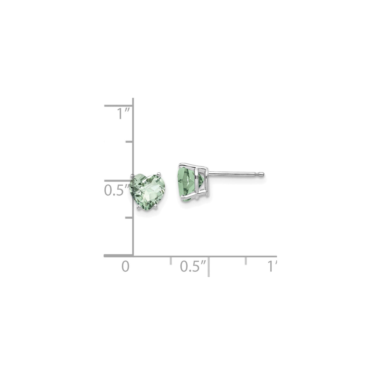 14k White Gold Heart Stud Earrings with Green Quartz, Minimalist Romantic Jewelry for Women