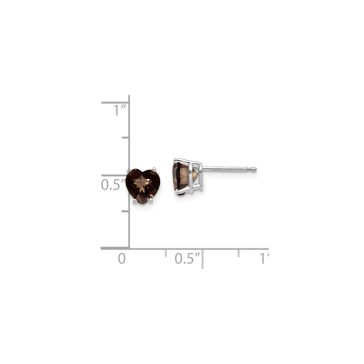 14k White Gold Heart Stud Earrings with Smoky Quartz, Checker Cut Romantic Style