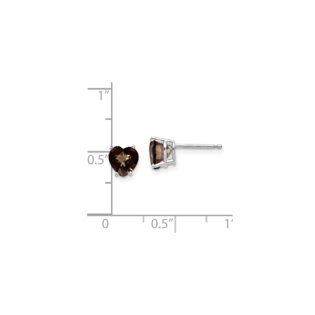 14k White Gold Heart Stud Earrings with Smoky Quartz, Checker Cut Romantic Style