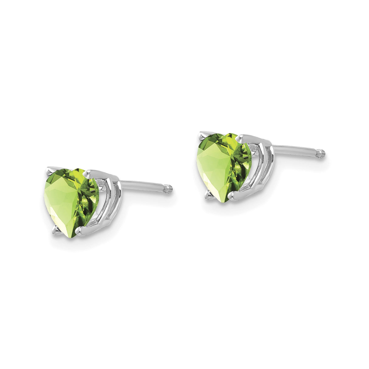 14k White Gold Heart Stud Earrings with Peridot Gemstones, August Birthstone Jewelry