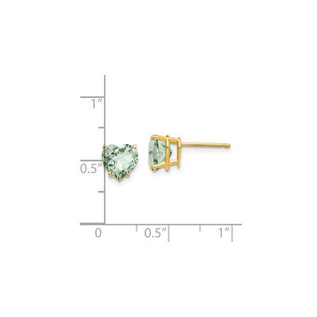 14k Yellow Gold Heart Stud Earrings with Light Green Quartz Gemstones for Women
