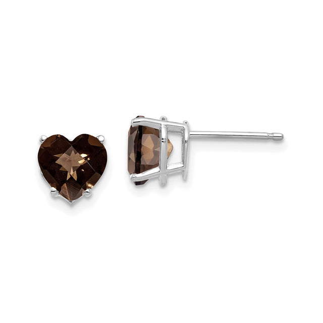 14k White Gold Heart Stud Earrings with Smoky Quartz Gemstone, Romantic Jewelry for Women