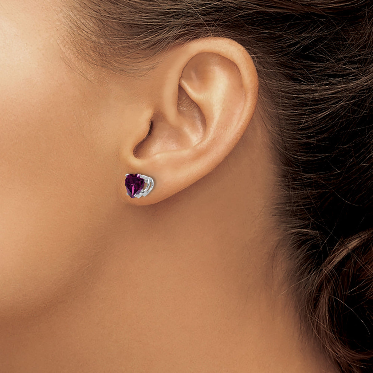 14k White Gold Heart Stud Earrings with Rhodolite Garnet Gemstones