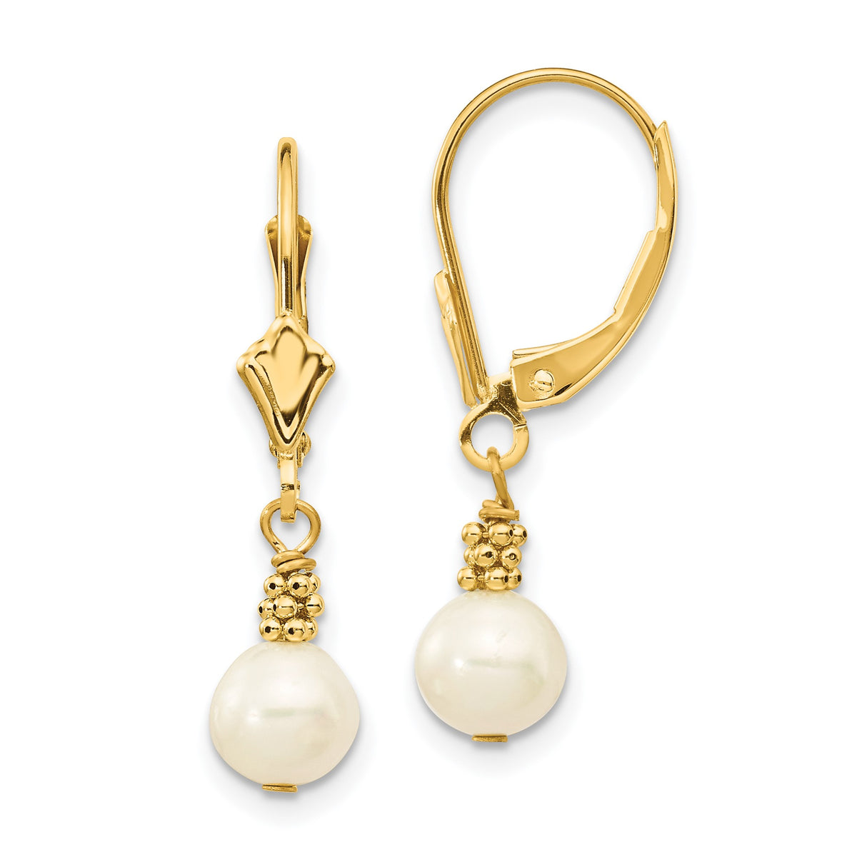 14k Yellow Gold Dangle Earrings with White Cultured Pearl Drops and Beaded Accents