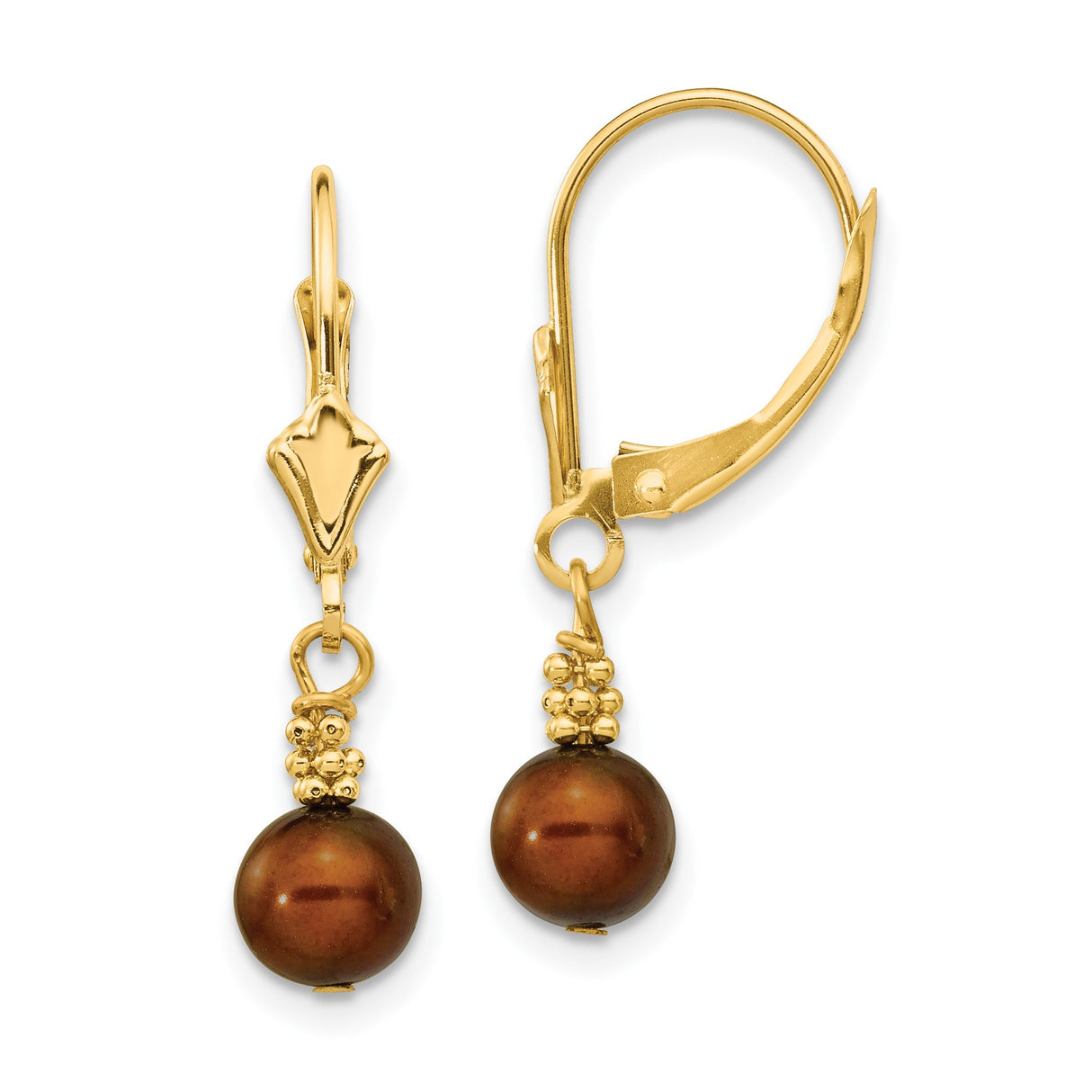14k Yellow Gold Drop Earrings with Brown Pearls and Gold Bead Accents