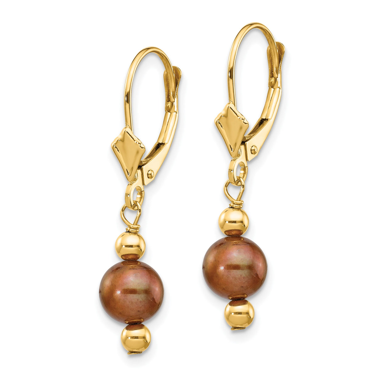 14k Yellow Gold Dangle Leverback Earrings with Brown Freshwater Pearls and Polished Beads
