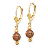 14k Yellow Gold Dangle Leverback Earrings with Brown Freshwater Pearls and Polished Beads