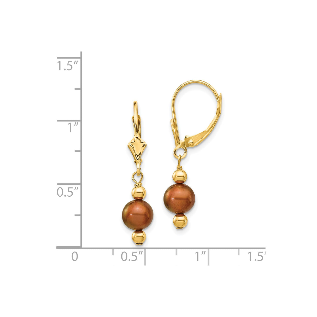 14k Yellow Gold Dangle Leverback Earrings with Brown Freshwater Pearls and Polished Beads