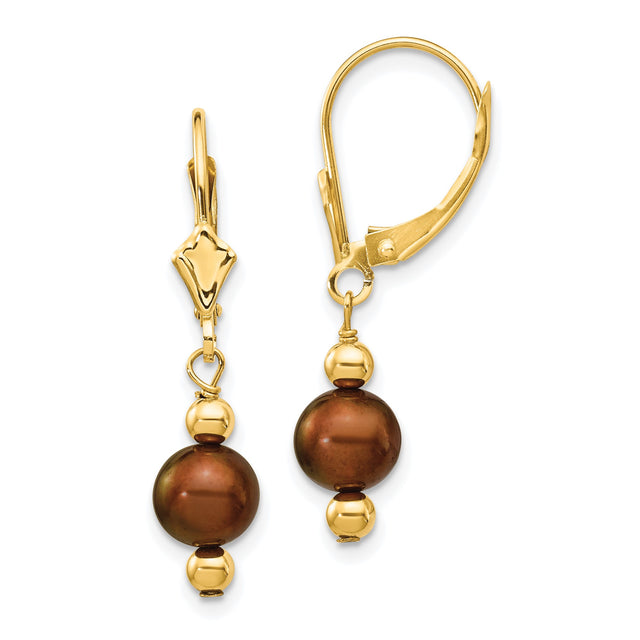 14k Yellow Gold Dangle Leverback Earrings with Brown Freshwater Pearls and Polished Beads