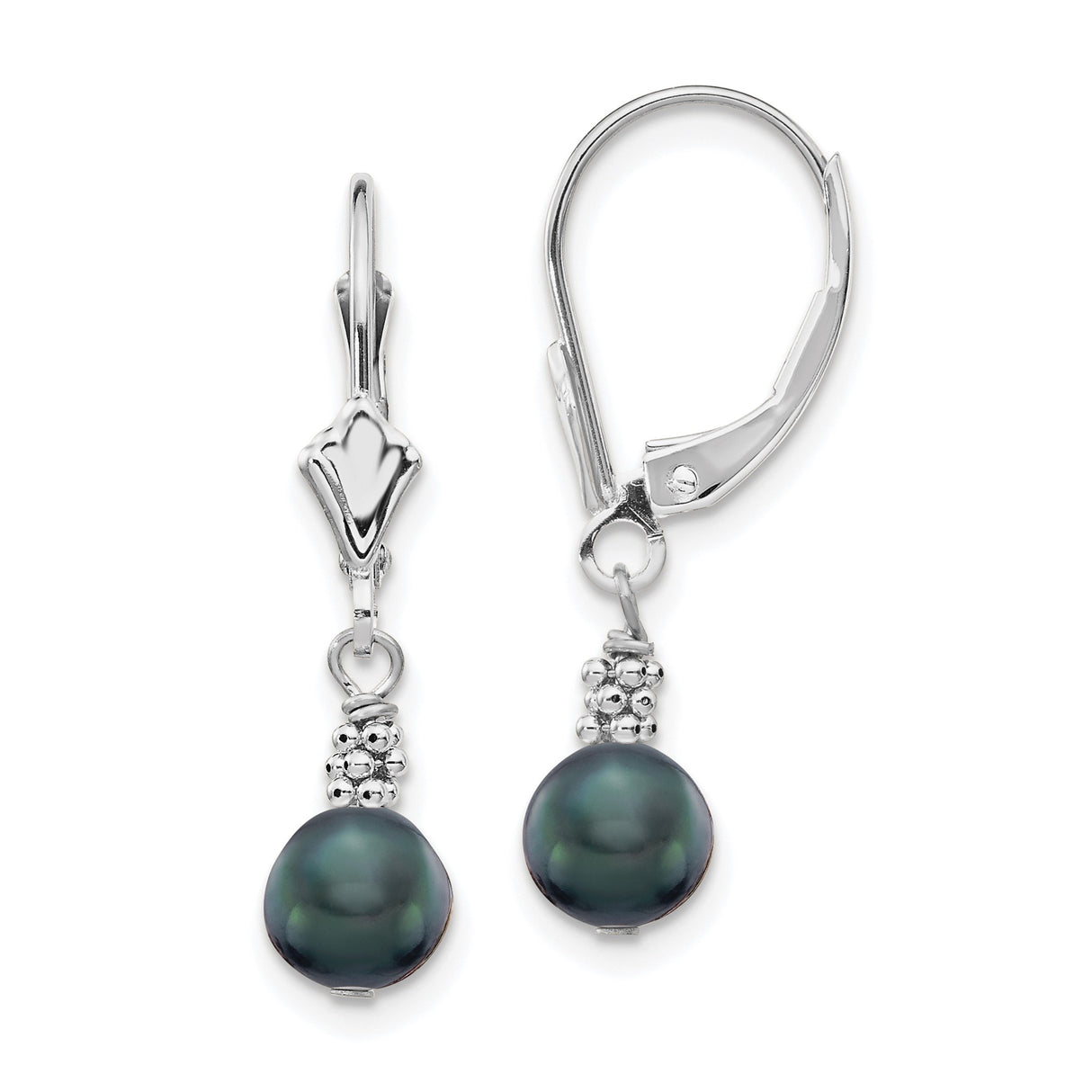 14k White Gold Drop Dangle Earrings with Black Freshwater Pearls and Bead Accents