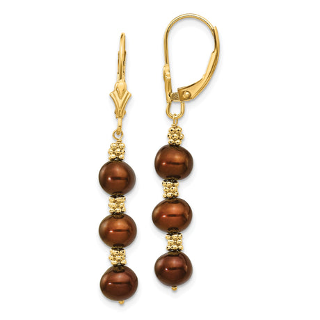 14k Yellow Gold Dangle Earrings with Brown Pearls and Ornate Bead Accents