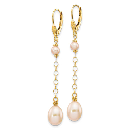 14k Yellow Gold Dangle Earrings with Pink Freshwater Cultured Pearls, Chain Link Design
