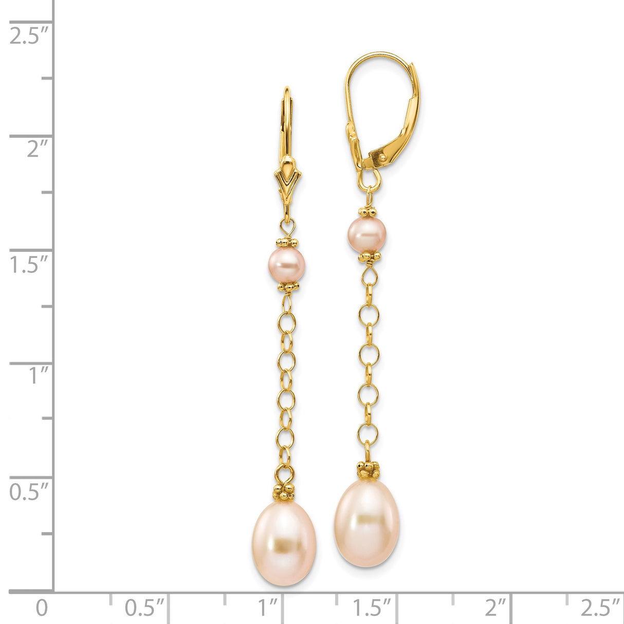 14k Yellow Gold Dangle Earrings with Pink Freshwater Cultured Pearls, Chain Link Design