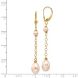 14k Yellow Gold Dangle Earrings with Pink Freshwater Cultured Pearls, Chain Link Design