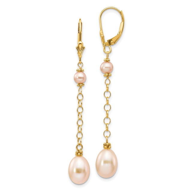14k Yellow Gold Dangle Earrings with Pink Freshwater Cultured Pearls, Chain Link Design
