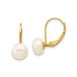 14k Yellow Gold Leverback Earrings with White Cultured Pearls, Classic Drop Design