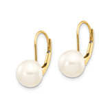 14k Yellow Gold Drop Earrings with White Cultured Button Pearls, Leverback Dangle Design