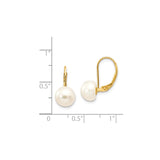 14k Yellow Gold Drop Earrings with White Cultured Button Pearls, Leverback Dangle Design
