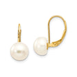 14k Yellow Gold Drop Earrings with White Cultured Button Pearls, Leverback Dangle Design