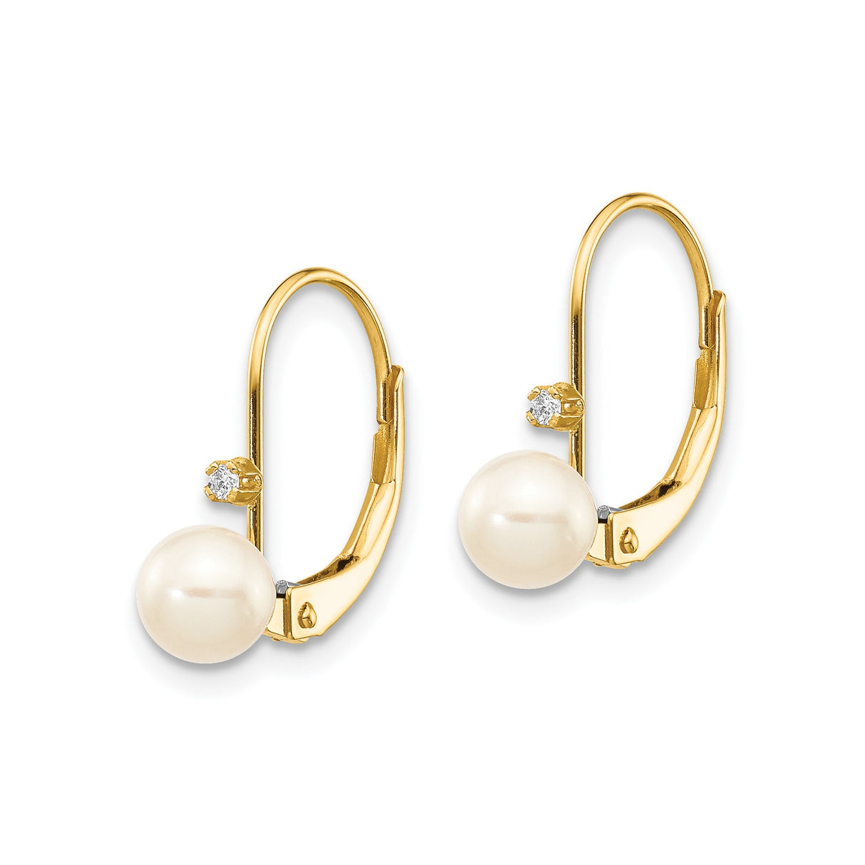 14k Yellow Gold Drop Earrings with Cultured White Pearls and Diamonds, Leverback Bridal Jewelry
