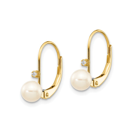14k Yellow Gold Drop Earrings with Cultured White Pearls and Diamonds, Leverback Bridal Jewelry
