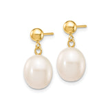 14k Yellow Gold Dangle Earrings with Oval White Freshwater Pearls, Drop Stud Design for Women
