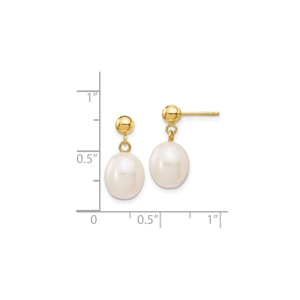 14k Yellow Gold Dangle Earrings with Oval White Freshwater Pearls, Drop Stud Design for Women