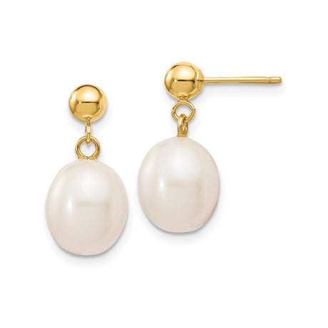 14k Yellow Gold Dangle Earrings with Oval White Freshwater Pearls, Drop Stud Design for Women