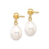 14k Yellow Gold Dangle Earrings with White Freshwater Pearls, Minimalist Drop Design for Women