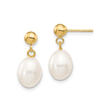 14k Yellow Gold Dangle Earrings with White Freshwater Pearls, Minimalist Drop Design for Women