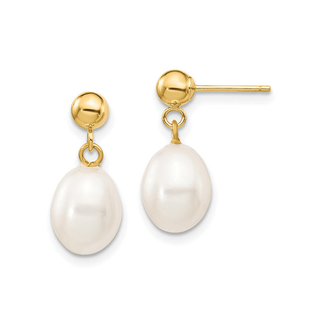 14k Yellow Gold Dangle Earrings with White Freshwater Pearls, Minimalist Drop Design for Women