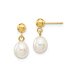 14k Yellow Gold Drop Earrings with White Freshwater Pearls, Dangle Stud Design for Women