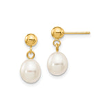 14k Yellow Gold Drop Earrings with White Freshwater Pearls, Dangle Stud Design for Women