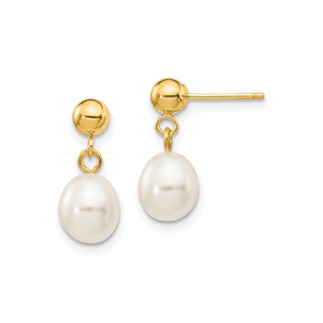 14k Yellow Gold Drop Earrings with White Freshwater Pearls, Dangle Stud Design for Women