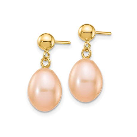 14K Yellow Gold Pink Freshwater Pearl Drop Earrings