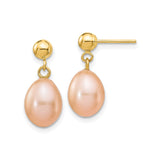 14k Yellow Gold Dangle Earrings with Pink Freshwater Cultured Pearls, Classic Drop Design for Women, Fine Jewelry for Formal Wear, Elegant Statement Earrings for Wedding and Special Occasion