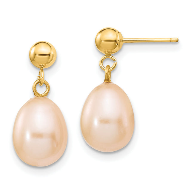 14k Yellow Gold Dangle Earrings with Pink Freshwater Pearls, Elegant Drop Design for Women, Fine Jewelry for Formal Events, Real Gold Pearl Jewelry, Classic Long Earrings for Daily Wear