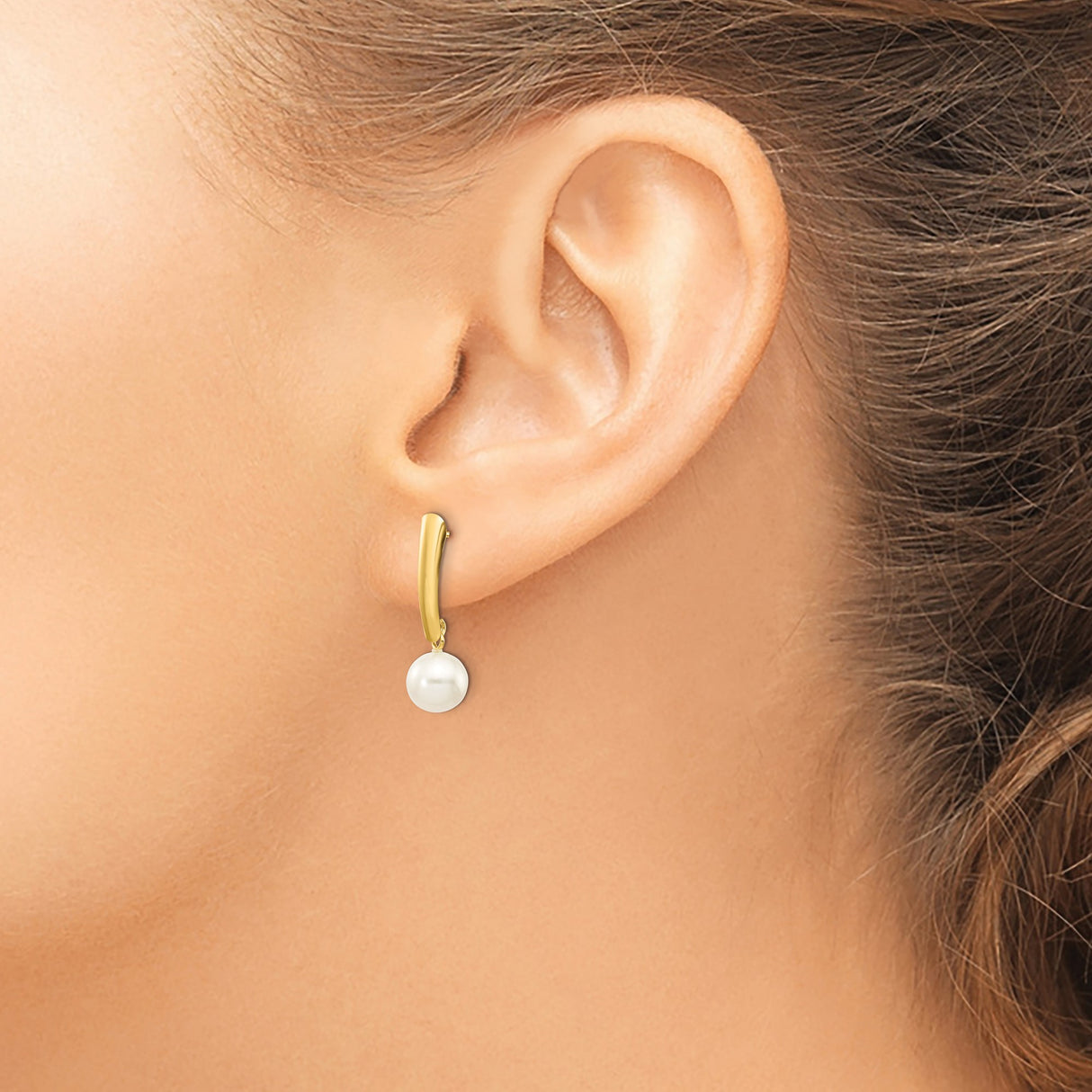14k Yellow Gold Drop Earrings with White Freshwater Pearls, Classic Dangle Design