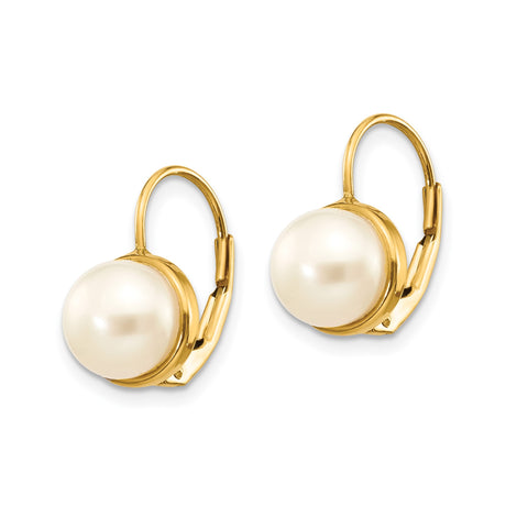 14k Yellow Gold Leverback Earrings with White Freshwater Pearls, Classic Dangle Style