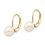 14k Yellow Gold Leverback Drop Earrings with Cultured White Pearls, Lightweight Dangle Design