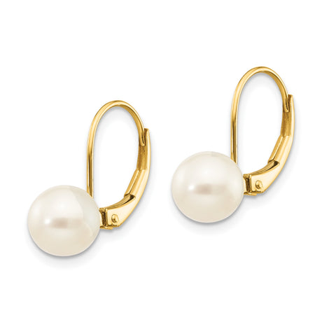 14k Yellow Gold Leverback Drop Earrings with Cultured White Pearls, Lightweight Dangle Design