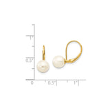 14k Yellow Gold Leverback Drop Earrings with Cultured White Pearls, Lightweight Dangle Design