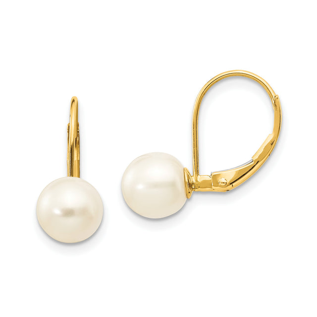 14k Yellow Gold Leverback Drop Earrings with Cultured White Pearls, Lightweight Dangle Design