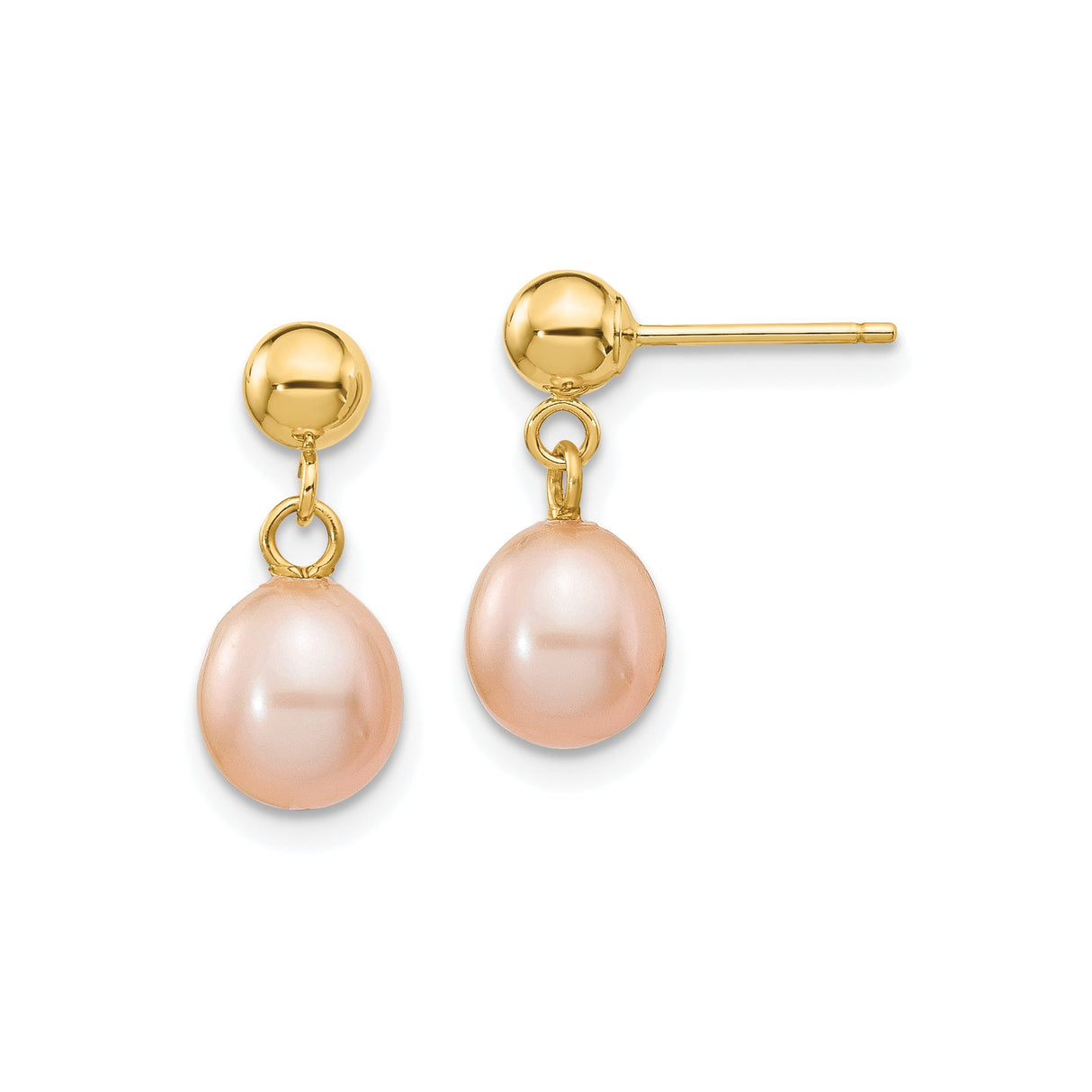 14k Yellow Gold Drop Earrings with Pink Freshwater Cultured Pearls, Elegant Dangle Studs for Women, Classic Bridal or Formal Jewelry, Timeless Fashion Earrings for Daily or Evening Wear
