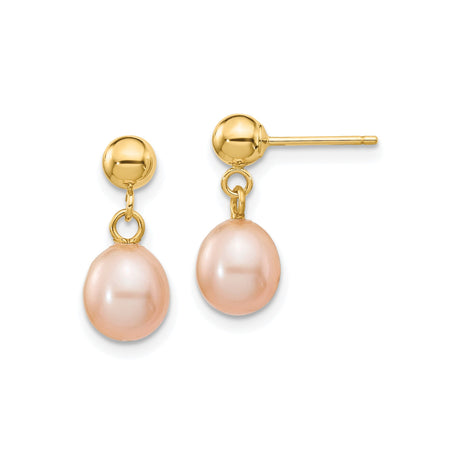 14k Yellow Gold Drop Earrings with Pink Freshwater Cultured Pearls, Elegant Dangle Studs for Women, Classic Bridal or Formal Jewelry, Timeless Fashion Earrings for Daily or Evening Wear